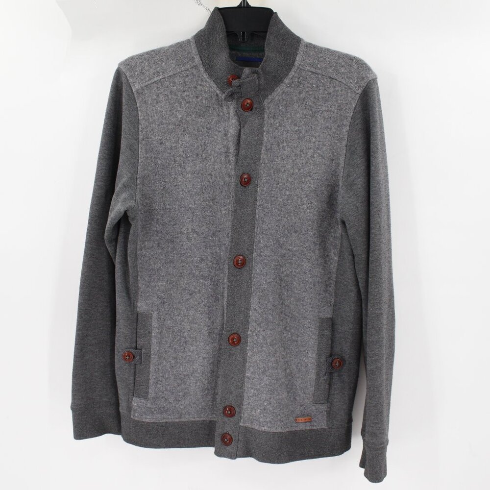 Ted Baker Cardigan mens 3 cotton wool blend Button Gray Pockets Golf casual